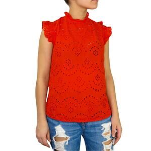 Shein Red Eyelet Top High Neck Cap Ruffle Sleeve Twee Chic Casual Top Medium